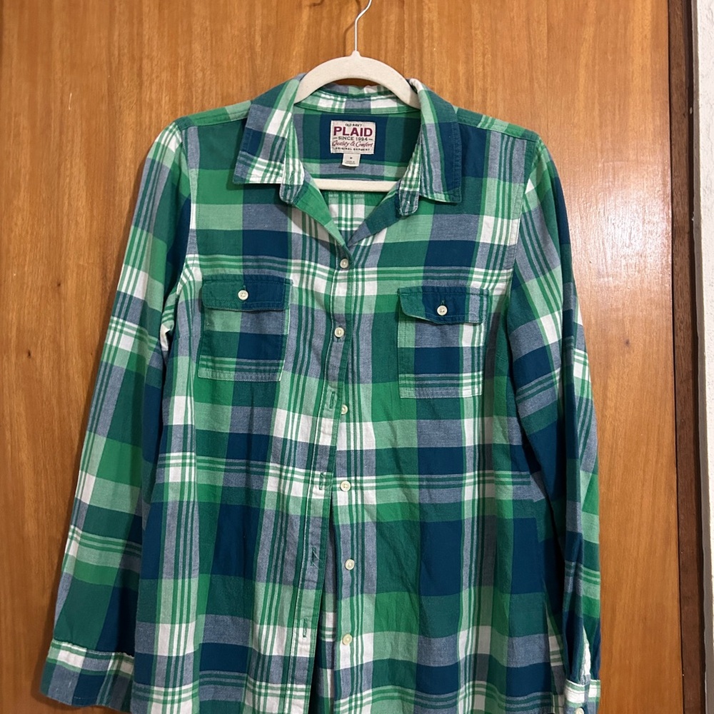 Plaid Button-Up Shirt - Green and Blue